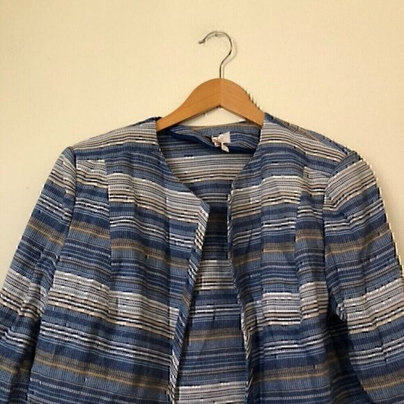 LAUNDRY BY SHELLI SEGAL Blue White Tan Striped Tweed Open Front Blazer Jacket 14 - Picture 3 of 11